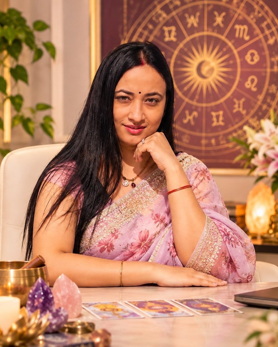 Ruchi Srivastava in a warm spiritual consultation space